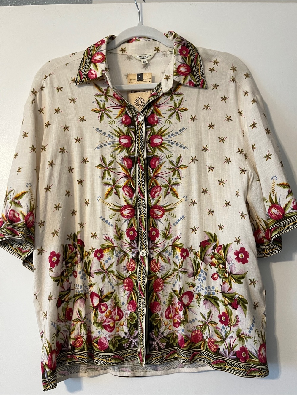 Max Studio Cream Short-Sleeve Floral Button-Down Shirt with burn & Green Accents